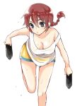  1girl asazuki_norito black_shoes blue_eyes blush breasts cleavage closed_mouth collarbone commentary_request foot_out_of_frame holding holding_shoes holding_unworn_clothes large_breasts leg_up long_hair low_ponytail multi-tied_hair no_bra ponytail ranma-chan ranma_1/2 red_hair shoes short_shorts shorts solo strap_slip tank_top unworn_shoes wet white_tank_top yellow_shorts 