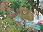  2boys :d absurdres aipom arbok arm_support ash_ketchum beautifly black_hair black_pants blue_eyes blue_vest commentary_request day flower food fruit goh_(pokemon) grass grey_shirt grey_shoes grookey highres holding leafeon liepard magikarp male_focus metapod mew_(pokemon) multiple_boys on_head open_mouth orange_flower outdoors pants pikachu pikipek pokemon pokemon_(anime) pokemon_(creature) pokemon_journeys pokemon_on_head quagsire rotom rotom_phone shirt shoes short_sleeves shorts shuan_0420 sitting smile sobble standing t-shirt toucannon tree venusaur vest water waterfall white_shirt wooper yanmega 