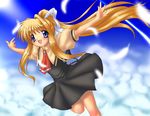  air blonde_hair blue_eyes feathers hair_ribbon kamio_misuzu long_hair ponytail ribbon rokko school_uniform solo 