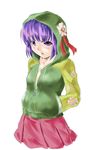  flower fukujima_kiwi hand_in_pocket hieda_no_akyuu hood hooded_jacket jacket purple_eyes purple_hair skirt solo touhou 