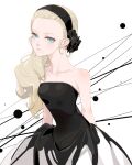  1girl anlucea bare_shoulders black_dress black_flower black_hairband blonde_hair blue_eyes closed_mouth collarbone commentary_request cowboy_shot dragon_quest dragon_quest_x dress flower flower_hairband forehead hair_over_shoulder hair_pulled_back hairband kosuga_kumi light_blush lips long_hair looking_at_viewer mole mole_under_mouth pink_lips solo strapless strapless_dress 