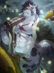  1boy abs animal_ears bara bare_pectorals biceps black_fur black_hair claws closed_mouth commentary corn cross_scar furry furry_male green_kimono highres holding holding_sword holding_weapon japanese_clothes kimono looking_at_viewer male_focus muscular muscular_male navel nipples official_alternate_costume oofutontonn pawpads pectorals scar scar_across_eye scar_on_chest scar_on_face scar_on_nose scar_on_stomach sdorica sword throwing throwing_food tiger_boy tiger_ears tiger_stripes weapon wooden_sword yao_(sdorica) yukata 