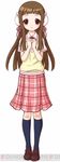  artist_request black_legwear blush brown_eyes brown_hair dress hachi_koi kneehighs konishi_hina loafers long_hair plaid plaid_skirt ribbon school_uniform shoes skirt smile socks solo watermark 