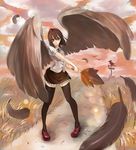  black_wings dusk fan feathers hat hauchiwa large_wings looking_at_viewer miya9 shameimaru_aya skirt sky solo thighhighs tokin_hat touhou weather_vane wings zettai_ryouiki 