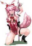  1girl 810d12 absurdres animal_ears back_bow black_boots boots bow bowtie breasts cameltoe commentary detached_collar evanescia_(honkai:_star_rail) fox_ears fox_girl fox_tail hair_between_eyes hair_bow high_heels highres holding holding_stick honkai:_star_rail honkai_(series) leotard looking_at_viewer measuring_stick medium_breasts on_one_knee pink_hair playboy_bunny purple_eyes red_bow red_bowtie red_leotard solo stick strapless strapless_leotard tail thigh_strap wrist_cuffs 