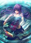  afloat blue_eyes fish hakama japanese_clothes long_hair miko original purple_hair purple_hakama shimaji solo water 