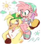  1boy 1girl alternate_costume amy_rose animal_ears animal_nose arm_up backwards_hat bandana bare_shoulders bark_the_polar_bear baseball_cap benshir125 bikini blush body_fur bracelet breasts brown_gloves carrying carrying_under_arm cleavage cloud couple ear_piercing earrings food food_in_mouth front-tie_bikini_top front-tie_top furry furry_female furry_male furry_with_furry gloves gold_bracelet green_bikini green_eyes hairband hat hedgehog holding jewelry large_breasts looking_at_another medium_breasts mole mole_on_breast mouth_hold navel on_shoulder open_mouth orange_eyes piercing pink_fur pink_hair popsicle sandals shell simple_background sitting sitting_on_person sitting_on_shoulder smile sonic_(series) star_(symbol) starfish sun swimsuit tail white_background white_gloves yellow_fur 