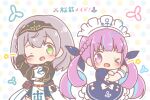  >_o 2girls ;d anchor anchor_symbol blue_dress blue_hair blush_stickers bow braid bras_d'honneur chibi commentary_request dress frilled_dress frills green_eyes grey_hair hair_between_eyes headpiece highres hololive long_hair maid_headdress minato_aqua minato_aqua_(1st_costume) mitarashi_neko multicolored_hair multicolored_polka_dots multiple_girls one_eye_closed pink_hair pleated_dress polka_dot polka_dot_background puffy_short_sleeves puffy_sleeves purple_eyes shirogane_noel shirogane_noel_(1st_costume) short_sleeves smile star_(symbol) streaked_hair translation_request twintails two-tone_hair vambraces very_long_hair virtual_youtuber white_background white_bow wrist_cuffs 