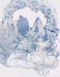  1girl absurdres animal_ear_fluff bent_over blush breasts claws furry furry_female grabbing_own_breast highres koffizo_nyan large_breasts long_hair looking_at_viewer on_floor patterned solo tail 