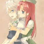  blue_eyes breast_grab breasts grabbing hairband hat hong_meiling izayoi_sakuya long_hair lowres maid multiple_girls red_hair ribbon short_hair silver_hair small_breasts takishima_asaka touhou 