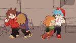  4boys alcohol antenna_hair arm_around_shoulder black_pants blue_hair blue_hoodie bottle boyfriend_(friday_night_funkin') brown_hair brown_pants chibi chibi_only chinese_commentary closed_eyes commentary_request crossover drawstring drunk eddsworld erbz02 flipped_hair friday_night_funkin' green_shirt hair_ears hat highres hood hood_down hoodie long_sleeves male_focus multiple_boys orange_hair outdoors pants pico_(newgrounds) pico_(newgrounds_series) red_eyes red_hat red_hoodie red_shoes shirt shoes short_hair sneakers spiked_hair tom_(eddsworld) tord_(eddsworld) trait_connection walking white_shirt 