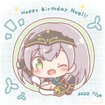  1girl ;d arm_up black_gloves blush_stickers braid breasts cleavage commentary_request cropped_torso dated fingerless_gloves gloves green_eyes grey_hair happy_birthday headpiece highres hololive large_breasts mitarashi_neko notice_lines one_eye_closed shirogane_noel shirogane_noel_(1st_costume) smile solo sparkle upper_body virtual_youtuber 