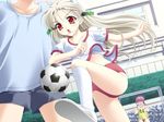  2girls :o ball buruma cellphone game_cg goal goalkeeper gym_uniform head_out_of_frame kousaka_himeko like_life long_hair matsushita_makako midriff multiple_girls non-web_source phone pink_hair playing_sports rakko_(makarakko) red_eyes shirt_lift soccer soccer_ball socks solo_focus sport telstar white_hair 