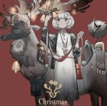  1girl animal antlers bag bell bird black_jacket book chinese_commentary closed_mouth commentary_request deer dress english_text feet_out_of_frame gloves hair_ornament holding horns jacket jewelry long_sleeves necklace noco_(pixiv14976070) original red_background short_hair simple_background smile solo standing three-quarter_sleeves white_dress white_hair 