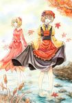  aki_minoriko aki_shizuha autumn bad_id bad_pixiv_id barefoot hair_ornament kannagara_kanagi leaf leaf_hair_ornament multiple_girls siblings sisters touhou traditional_media watercolor_(medium) 