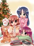  black_hair cat christmas christmas_tree glasses handheld_game_console long_hair multiple_girls orange_hair original playstation_portable purple_hair silverware sweater zan_nekotama 