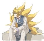  animal_ears blonde_hair facial_hair fox_ears fox_tail genderswap genderswap_(ftm) kyuubi male_focus multiple_tails mustache simple_background solo surcoat tail torinone touhou white_background yakumo_ran yellow_eyes 