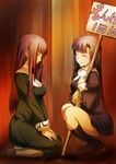  asagami_fujino closed_eyes crossover fura hair_ornament highres holding holding_sign kannagi kara_no_kyoukai long_hair miniskirt multiple_girls purple_hair red_eyes red_hair sign sitting skirt smile squatting zange 