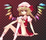  arm_support ascot bangs banned_artist blonde_hair eyebrows_visible_through_hair flandre_scarlet frilled_sleeves frills hat hat_ribbon kneehighs looking_to_the_side mob_cap panties pantyshot pantyshot_(sitting) patterned_background pink_hat red_ribbon ribbon short_hair_with_long_locks short_sleeves sitting solo tepengu touhou underwear wings 