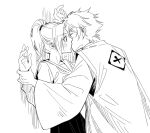  1boy 1girl against_wall bleach closed_eyes commentary haori hatching_(texture) hetero high_ponytail highres hitsugaya_toushirou holding_another's_wrist japanese_clothes kiss kurosaki_karin linear_hatching monochrome ponytail school_uniform serafuku silegesi surprise_kiss surprised taichou_haori wide_sleeves 