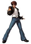  boots brown_hair denim fingerless_gloves fire gloves highres jacket jeans kusanagi_kyou leather leather_jacket male_focus official_art ogura_eisuke pants pyrokinesis solo the_king_of_fighters the_king_of_fighters_xii 
