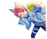  1boy animal_ears ball belt blue_eyes blue_gloves dino_albani fingerless_gloves fur-trimmed_jacket fur_trim game_cg gloves happy_elements headset helios_rising_heroes holding jacket jewelry long_sleeves male_focus non-web_source official_alternate_costume official_art open_clothes open_mouth pants pink_hair short_hair smile snowball solo transparent_background white_belt white_jacket 