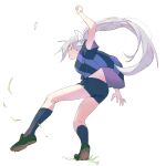  1girl black_shoes blue_shirt blue_shorts blue_socks bow commentary facing_away floating_clothes floating_hair from_behind full_body grey_hair hair_bow higuchi_kaede long_hair nijisanji ponytail shirt shoes short_sleeves shorts simple_background socks solo soramame_(corndog) sportswear standing standing_on_one_leg virtual_youtuber white_background white_bow 