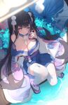  1girl absurdres ahoge black_hair blue_hakama blue_kimono chisei259 chitose_(stella_sora) colored_inner_hair commentary_request hakama hakama_short_skirt hakama_skirt highres japanese_clothes kimono long_hair looking_at_viewer mole mole_under_eye multicolored_hair okobo platform_sandals purple_eyes purple_hair sandals sitting skirt solo stella_sora thighhighs two-tone_hair umbrella white_thighhighs 