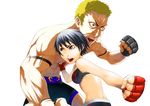  1girl bad_id bad_pixiv_id black_hair blonde_hair boxing fingerless_gloves gloves highres orange_hair original punching purple_eyes short_hair shorts sports_bra yoshihiro 