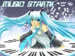 aqua_eyes aqua_hair detached_sleeves hatsune_miku headset instrument kagura_chitose keyboard_(instrument) long_hair musical_note necktie solo synthesizer twintails vocaloid 