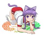 all_fours animal_ears buruma cat_ears clannad fujibayashi_kyou gym_uniform purple_eyes purple_hair solo tail thighhighs ueyama_michirou 