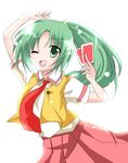  bad_id bad_pixiv_id card green_eyes green_hair highres higurashi_no_naku_koro_ni holding holding_card kaname_ihnk long_hair necktie one_eye_closed ponytail red_neckwear school_uniform solo sonozaki_mion 