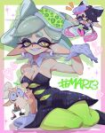  bare_shoulders beard black_dress black_hair black_romper black_shoes bow-shaped_hair callie_(splatoon) callie_(squid_sisters_outfit)_(splatoon) cap'n_cuttlefish chibi chibi_inset commentary_request detached_collar dress earrings facial_hair gloves green_pantyhose highres jewelry long_hair long_pointy_ears marie_(splatoon) marie_(squid_sisters_outfit)_(splatoon) medium_hair multicolored_hair nanimaroom open_mouth pantyhose pointy_ears red_shirt romper sharp_teeth shirt shoes short_eyebrows simple_background sitting_sideways smile splatoon_(series) spotted_hair star-shaped_pupils star_(symbol) symbol-shaped_pupils teeth tentacle_hair thick_eyebrows toeless_legwear two-tone_hair very_long_hair white_gloves white_hair 