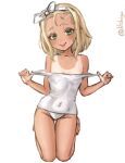  1girl absurdres blonde_hair clothes_pull commentary_request covered_navel flat_chest green_eyes hairband highres i-504_(kancolle) kantai_collection kneeling lilshigu luigi_torelli_(kancolle) old_school_swimsuit one-piece_swimsuit one-piece_swimsuit_pull one-piece_tan school_swimsuit short_hair simple_background solo swimsuit tan tanlines thigh_gap tongue tongue_out twitter_username white_background white_hairband white_one-piece_swimsuit 