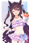  1girl animal_ears bare_shoulders bikini bikini_skirt blush breasts brown_hair commentary_request cup floral_print floral_print_bikini food frilled_bikini frills hair_between_eyes hair_ornament heart heart_hair_ornament holding holding_cup holding_spoon horse_ears horse_girl horse_tail koruri long_hair looking_at_viewer mole mole_under_eye multicolored_hair navel official_alternate_costume official_alternate_hairstyle one_eye_closed open_mouth pink_bikini pink_swim_trunks print_bikini purple_eyes ruffle_bikini shaved_ice smile solo spoon stomach streaked_hair swimsuit tail umamusume vivlos_(eclat_d'ete)_(umamusume) vivlos_(umamusume) white_streaks 