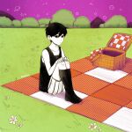  1boy antenna_hair black_eyes black_hair black_shorts black_socks black_tank_top checkered_blanket closed_mouth collarbone colored_skin expressionless grass highres kneehighs knees_up krerue looking_ahead male_focus omori omori_(omori) picnic_basket picnic_blanket purple_sky shorts sitting sky socks solo striped_clothes striped_shorts tank_top tree two-tone_shorts vertical-striped_clothes vertical-striped_shorts white_shorts white_skin 