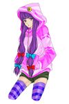  alternate_costume bad_id bad_pixiv_id contemporary cowboy_shot cropped_legs hands_in_pockets hood hooded_jacket jacket long_hair patchouli_knowledge purple_eyes purple_hair ribbon shorts skindentation solo striped striped_legwear task_(artist) thighhighs touhou 