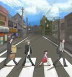  3boys abbey_road adachi_tooru artist_request cigarette crosswalk doujima_nanako doujima_ryoutarou groceries multiple_boys narukami_yuu parody persona persona_4 smoking the_beatles torii vanishing_point 