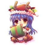  blue_hair brown_eyes chibi food fruit gift hat hinanawi_tenshi holding holding_gift horns incoming_gift kirero long_hair lowres peach ribbon santa_hat solo touhou translated 