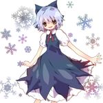  :d blue_dress blue_eyes blue_hair cirno contrapposto dress looking_at_viewer open_mouth puffy_short_sleeves puffy_sleeves short_hair short_sleeves simple_background smile snowflakes solo standing touhou white_background yuuhi_homare 