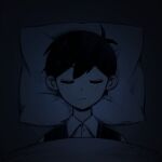  1boy antenna_hair black_hair black_sweater_vest closed_eyes closed_mouth double-parted_bangs hair_between_eyes head_on_pillow highres krerue lying male_focus omori on_back pillow short_hair solo sunny_(omori) sweater_vest under_covers upper_body 