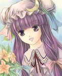  bow flower hair_ribbon hat patchouli_knowledge pink_bow purple_eyes purple_hair ribbon solo touhou yuki_shuuka 