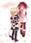  2girls animal_ears animal_print blonde_hair braid chinese_zodiac converse cow_ears cow_print cow_tail hood horns koto_(colorcube) long_hair multiple_girls new_year one_eye_closed original pantyhose pink_hair red_legwear shoes sneakers tail thighhighs twin_braids year_of_the_ox 