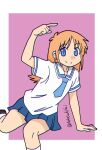  1_qtakasaki abstract_background arm_up artist_name blonde_hair blue_eyes blue_necktie closed_mouth commentary_request hand_on_ground hand_up highres looking_at_viewer necktie nichijou pink_background pleated_skirt pointing professor_shinonome school_uniform shirt signature sitting skirt smile t-shirt white_shirt 