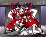  4girls ^_^ black_hair bow brown_hair closed_eyes detached_sleeves genjii hair_bow hakurei_reimu hakurei_reimu_(pc-98) japanese_clothes kieyza miko multiple_girls multiple_persona necktie one_eye_closed ponytail purple_hair short_hair time_paradox touhou touhou_(pc-98) turtle 