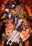  arrow barefoot black_hair copyright_request corpse feet japanese_clothes kimono leaf long_hair moruga severed_head sitting solo 