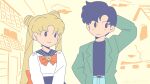 1boy 1girl arm_up belt_buckle bishoujo_senshi_sailor_moon black_hair buckle chiba_mamoru closed_mouth commentary derivative_work double_bun earrings elcriz2001 english_commentary green_jacket hair_bun highres jacket jewelry long_hair ranma_1/2 short_hair smile stud_earrings tsukino_usagi twintails yellow_background 
