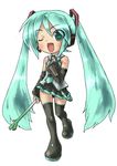  aqua_eyes aqua_hair detached_sleeves hatsune_miku headset long_hair necktie one_eye_closed rokko skirt solo spring_onion thighhighs twintails vocaloid 