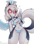  4_fingers accessory angel_costume anthro bikini bikini_bottom bikini_top butt butt_from_the_front canid canid_demon canine clothing colored costume demon eye_through_hair fake_halo fake_wings female fingers fluffy fluffy_tail fur grey_body grey_fur hair headband heart_symbol hellaverse hellhound helluva_boss loona_(helluva_boss) mammal mythological_canine mythological_creature mythology red_sclera ring_(jewelry) solo swimwear tail thigh_gap thumb_ring translucent translucent_hair two-piece_swimsuit white_body white_eyes white_fur white_hair zennkoart 