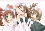  bridal_veil bride brown_eyes brown_hair dress elbow_gloves flower futami_ami gloves green_eyes idolmaster idolmaster_(classic) idolmaster_1 long_hair minase_iori multiple_girls one_eye_closed red_eyes short_hair takatsuki_yayoi twintails veil wedding_dress yoshiwo_(kanikama) 